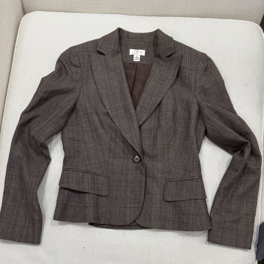 Ann‎ Taylor LOFT Blazer Womens 6 Brown Glen Plaid Wool Blend Professional